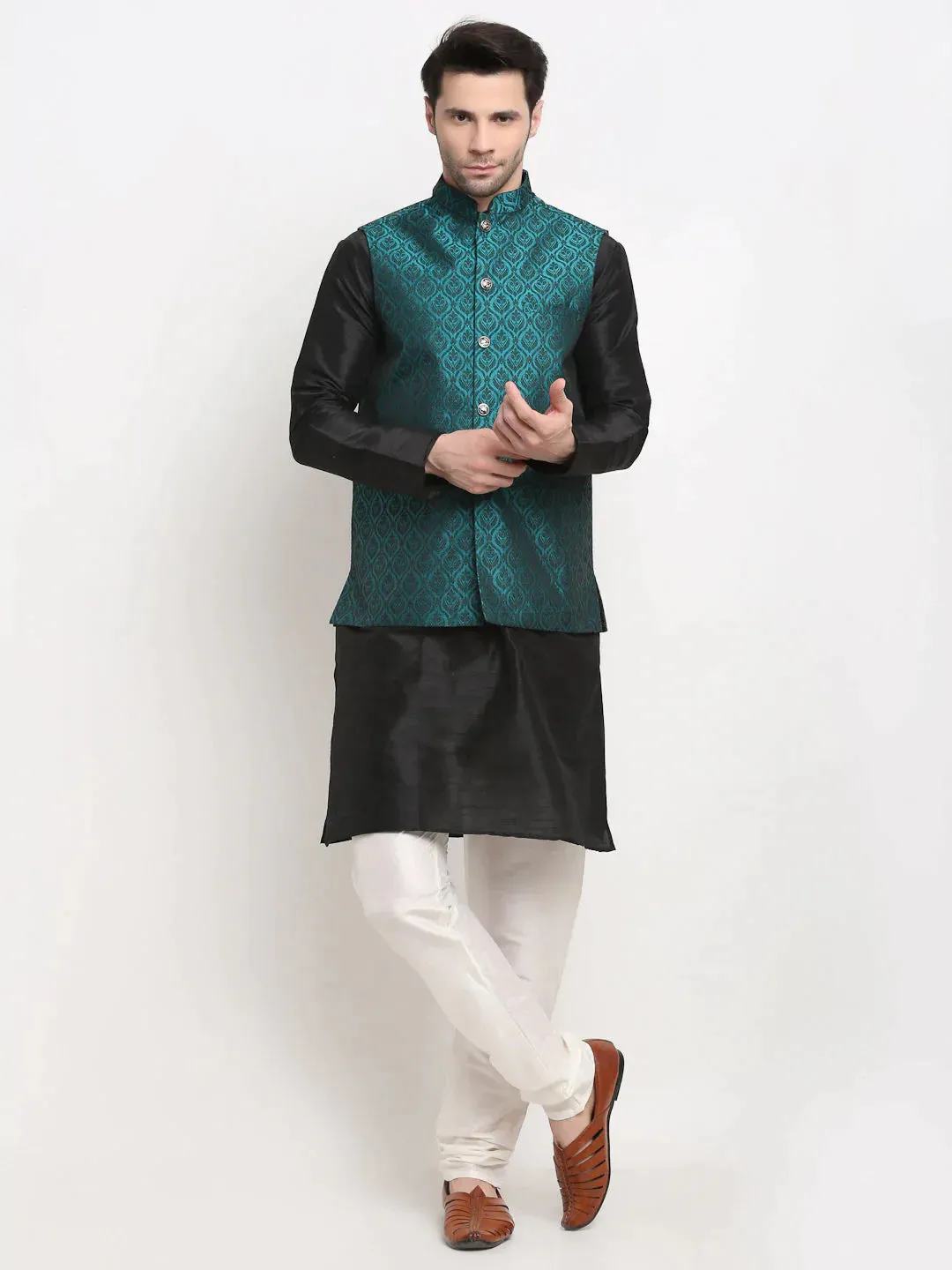 Men'S Black Dupion Silk Kurta With Churidar & Nehru Jacket