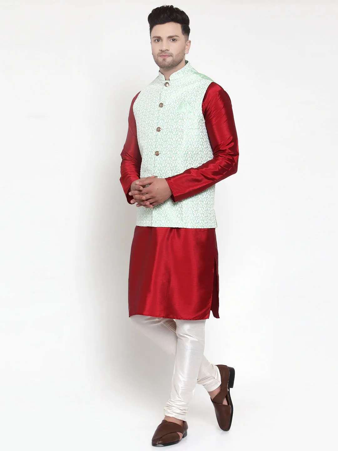 Men's Solid Dupion Kurta Pajama with Embroidered Nehru Jacket ( JOKPWC M-D 4012Light-Green ) - Virat Fashions