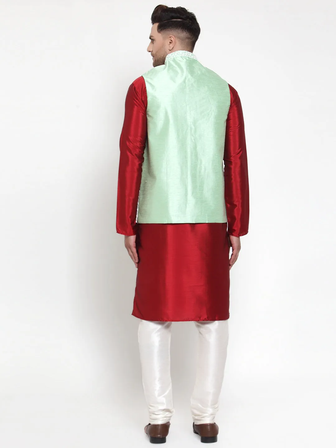 Men's Solid Dupion Kurta Pajama with Embroidered Nehru Jacket ( JOKPWC M-D 4012Light-Green ) - Virat Fashions