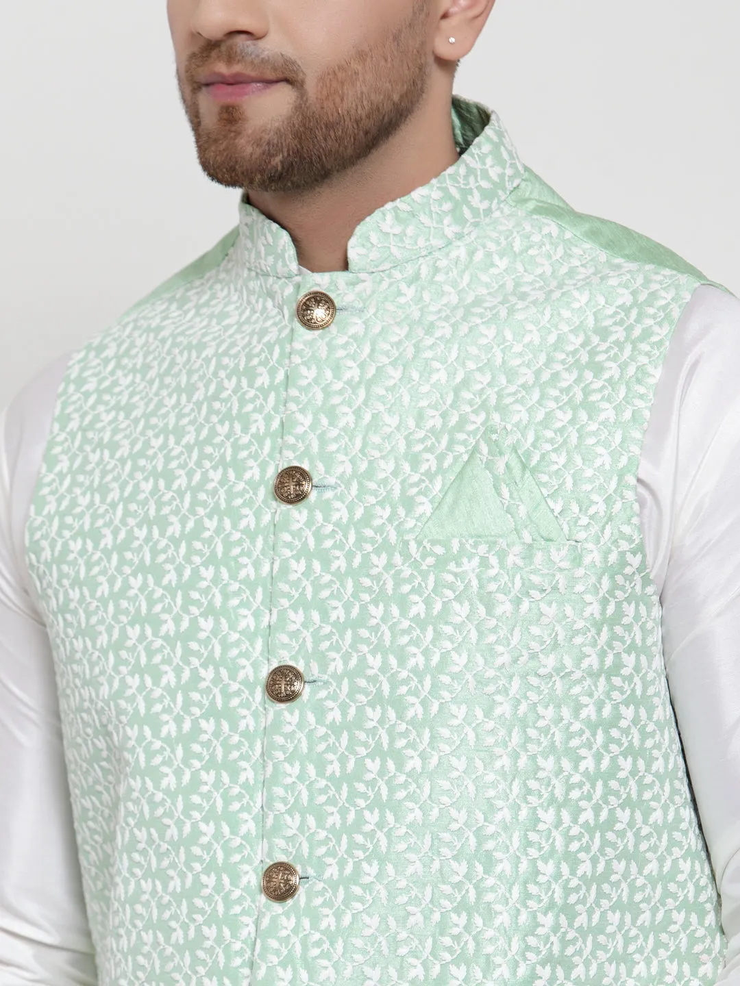 Men's Solid Dupion Kurta Pajama with Embroidered Nehru Jacket ( JOKPWC OW-D 4012Light-Green ) - Virat Fashions