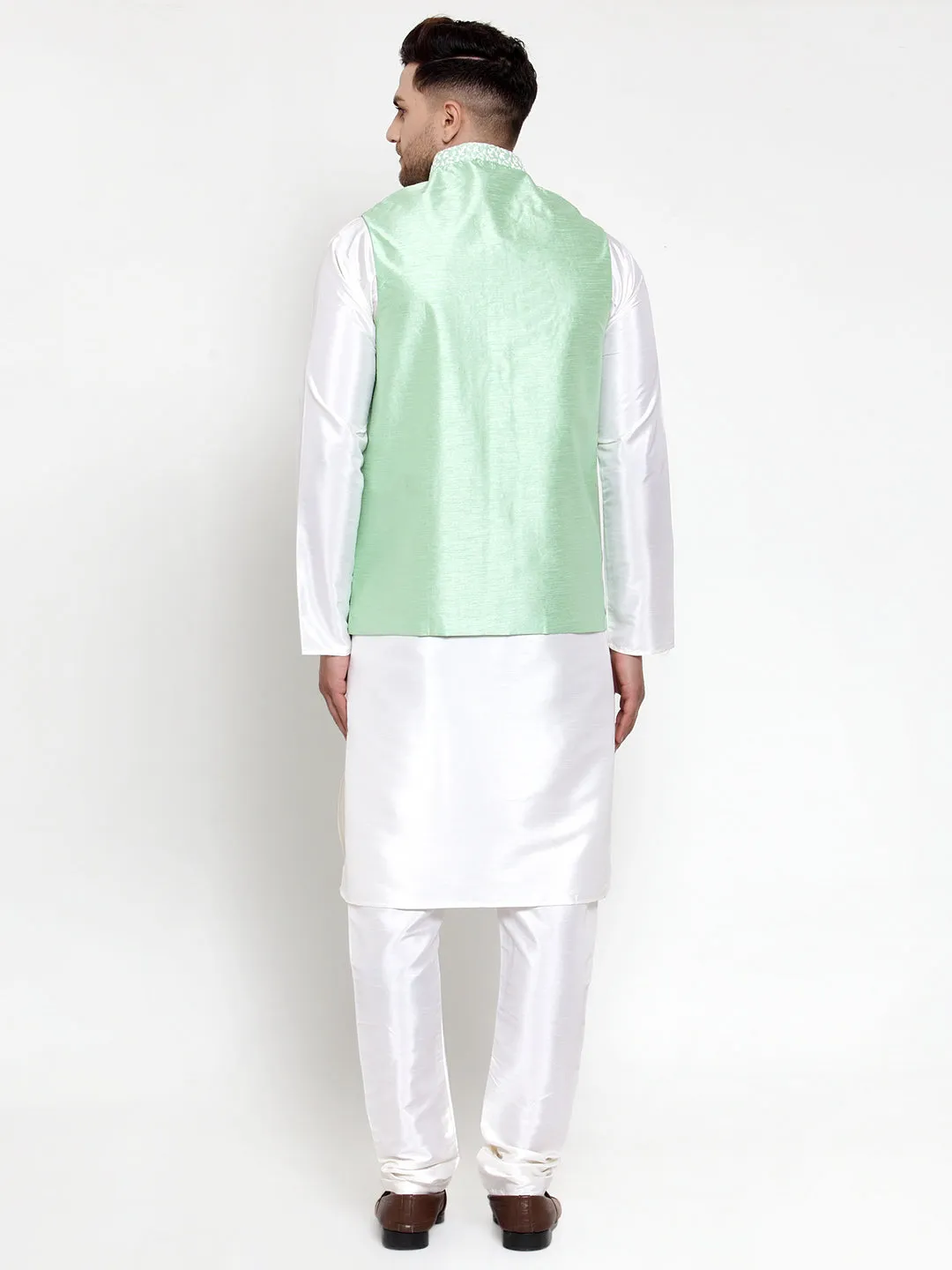 Men's Solid Dupion Kurta Pajama with Embroidered Nehru Jacket ( JOKPWC OW-D 4012Light-Green ) - Virat Fashions