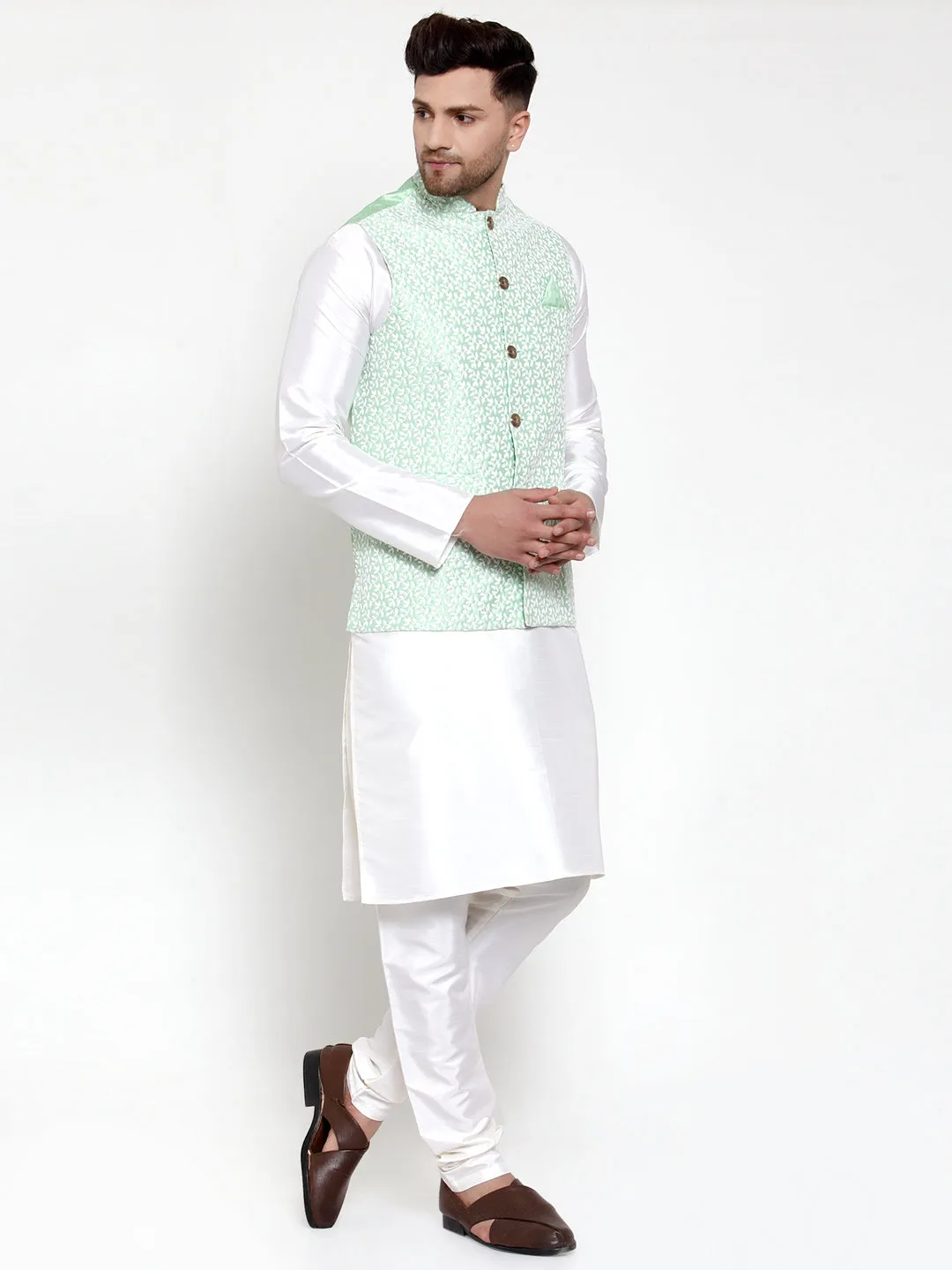 Men's Solid Dupion Kurta Pajama with Embroidered Nehru Jacket ( JOKPWC OW-D 4012Light-Green ) - Virat Fashions