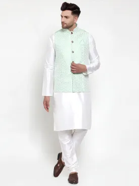 Men's Solid Dupion Kurta Pajama with Embroidered Nehru Jacket ( JOKPWC OW-D 4012Light-Green ) - Virat Fashions