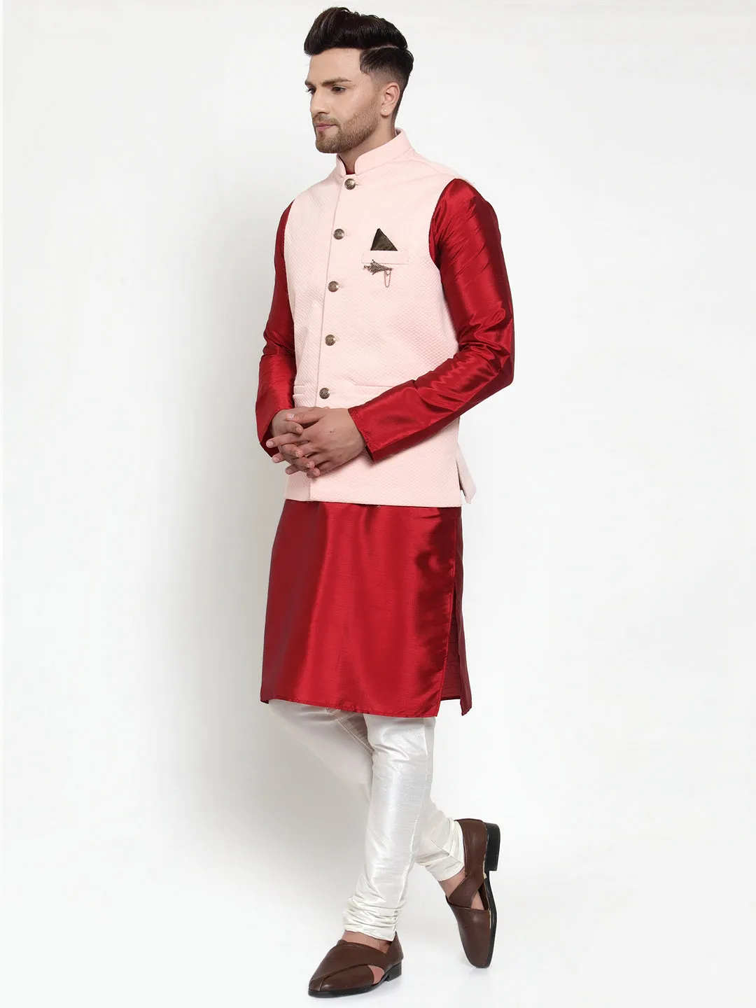 Men's Solid Dupion Kurta Pajama with Woven Nehru Jacket ( JOKPWC M-D 4019 Peach ) - Virat Fashions