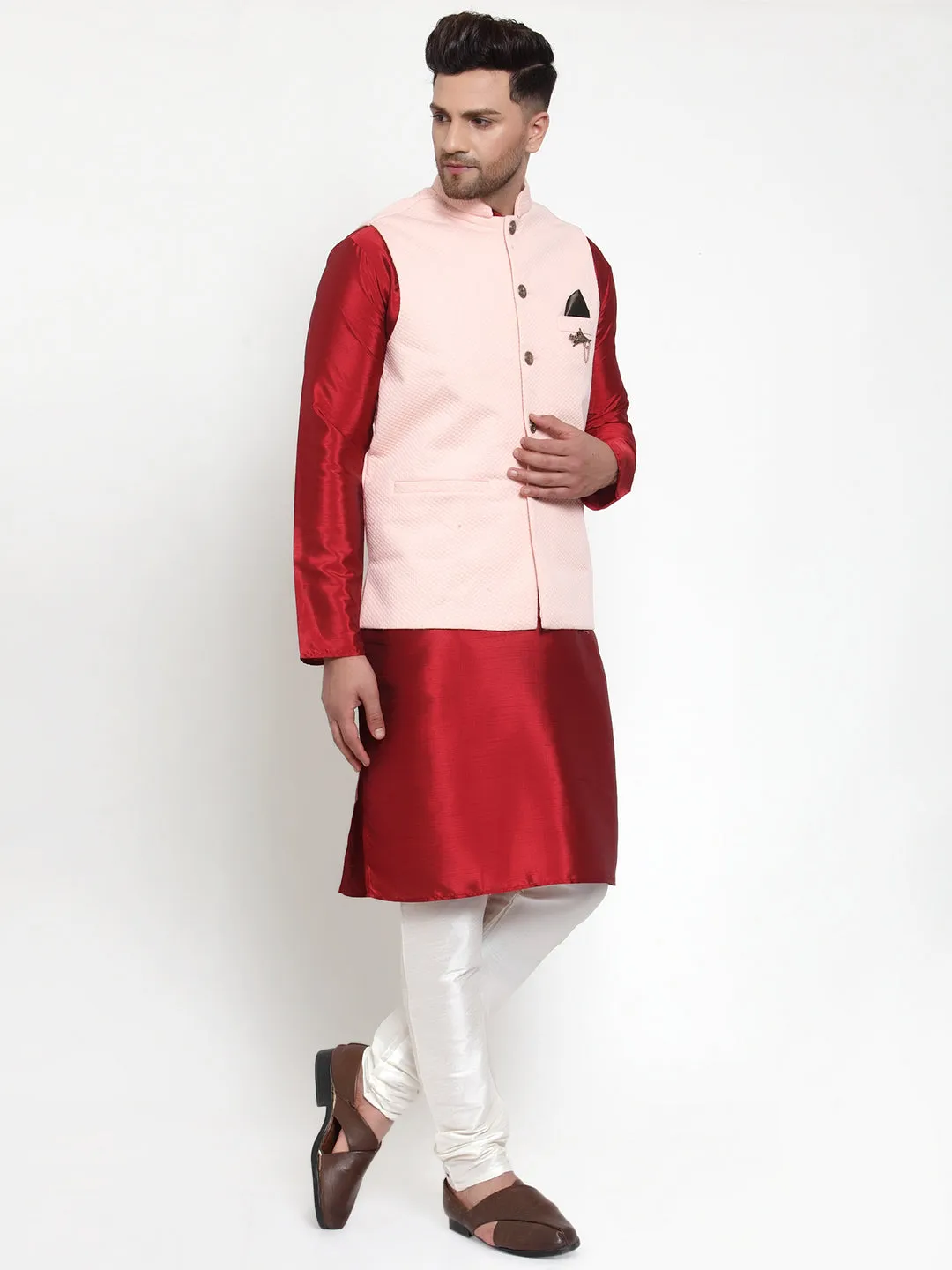 Men's Solid Dupion Kurta Pajama with Woven Nehru Jacket ( JOKPWC M-D 4019 Peach ) - Virat Fashions