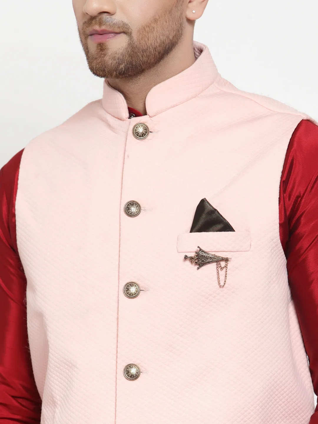 Men's Solid Dupion Kurta Pajama with Woven Nehru Jacket ( JOKPWC M-D 4019 Peach ) - Virat Fashions