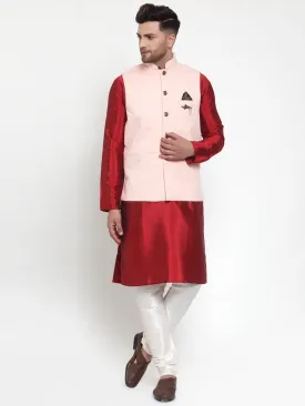 Men's Solid Dupion Kurta Pajama with Woven Nehru Jacket ( JOKPWC M-D 4019 Peach ) - Virat Fashions