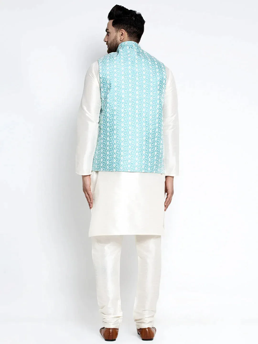 Men'S Solid White Dupion Kurta Payjama With Embroidered Waistcoat