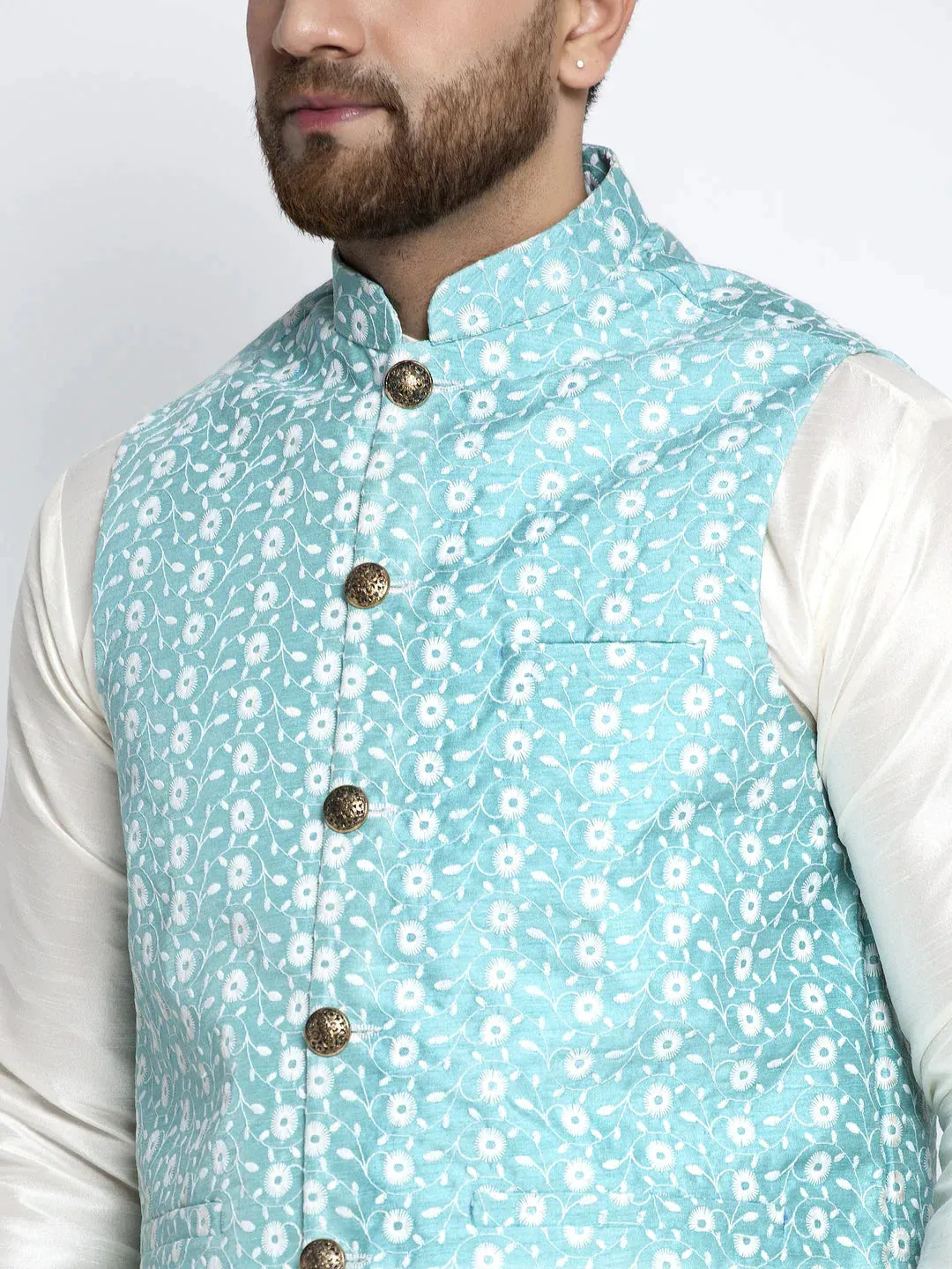 Men'S Solid White Dupion Kurta Payjama With Embroidered Waistcoat