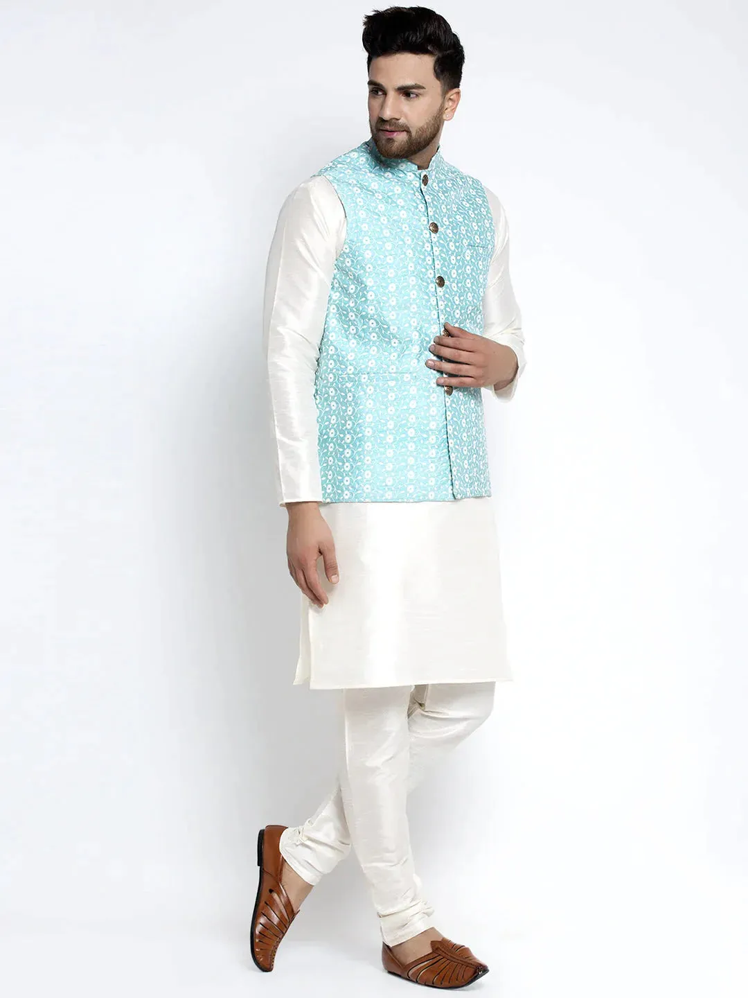 Men'S Solid White Dupion Kurta Payjama With Embroidered Waistcoat