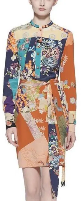 Multicolored Patch Print Silk Shirt Dress