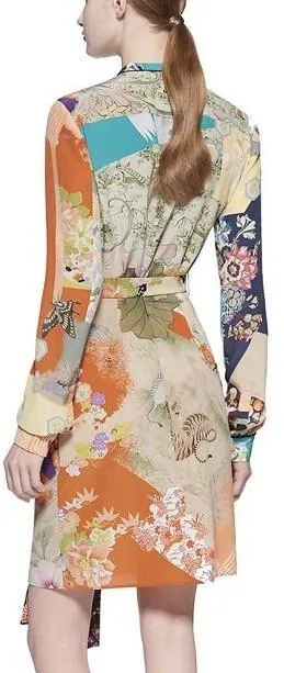 Multicolored Patch Print Silk Shirt Dress