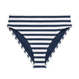 Navy Blue and White Beach Stripes High Waisted Bikini Bottom