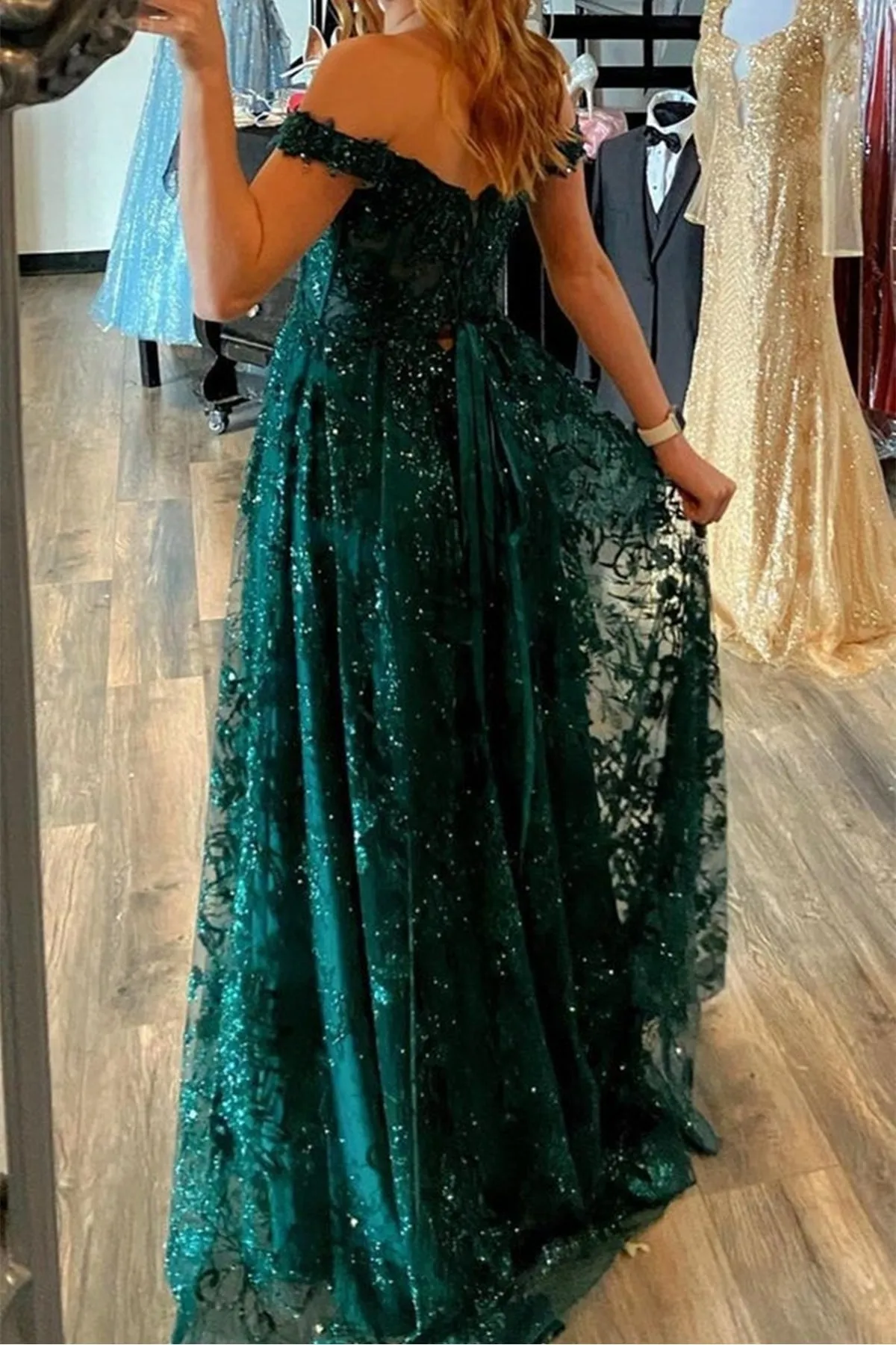 Off Shoulder Green Lace Sequins Long Prom Dress with High Slit, Off the Shoulder Green Formal Dress, Green Lace Evening Dress A1391