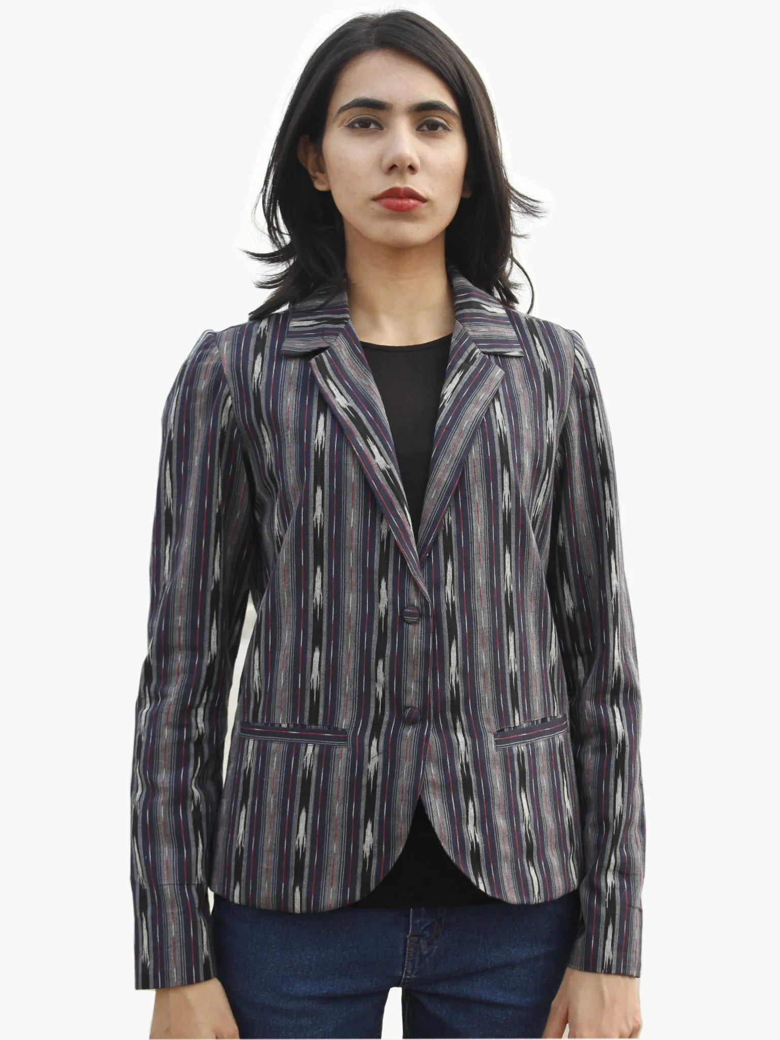 Oxford Blue Grey Ivory Hand Woven Ikat Blazer - J07F824