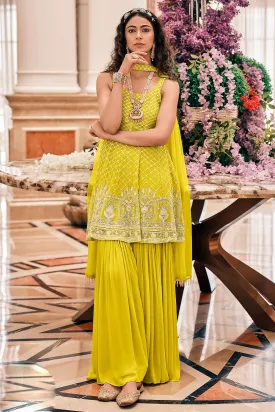 Peplum Style Haldi Yellow Viscose Palazzo Suit