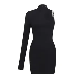 Pre Order:  Stand Collar Single Shoulder Sleeve Hollow Slim Fit Dress