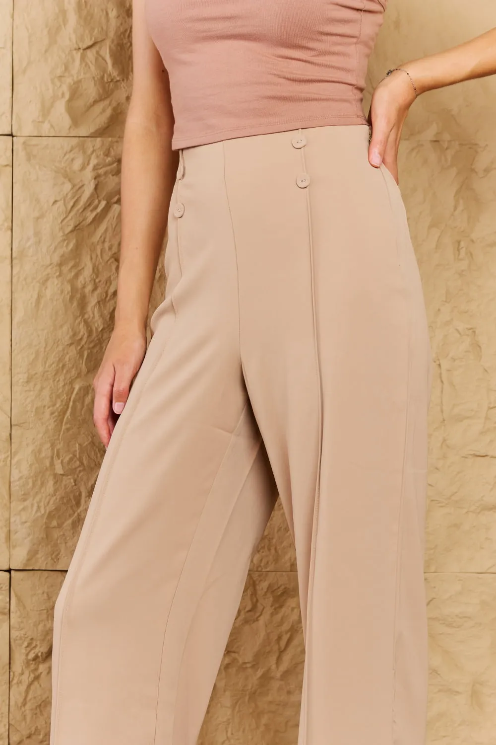 Pretty Pleased High Waist Pintuck Straight Leg Pants in Camel