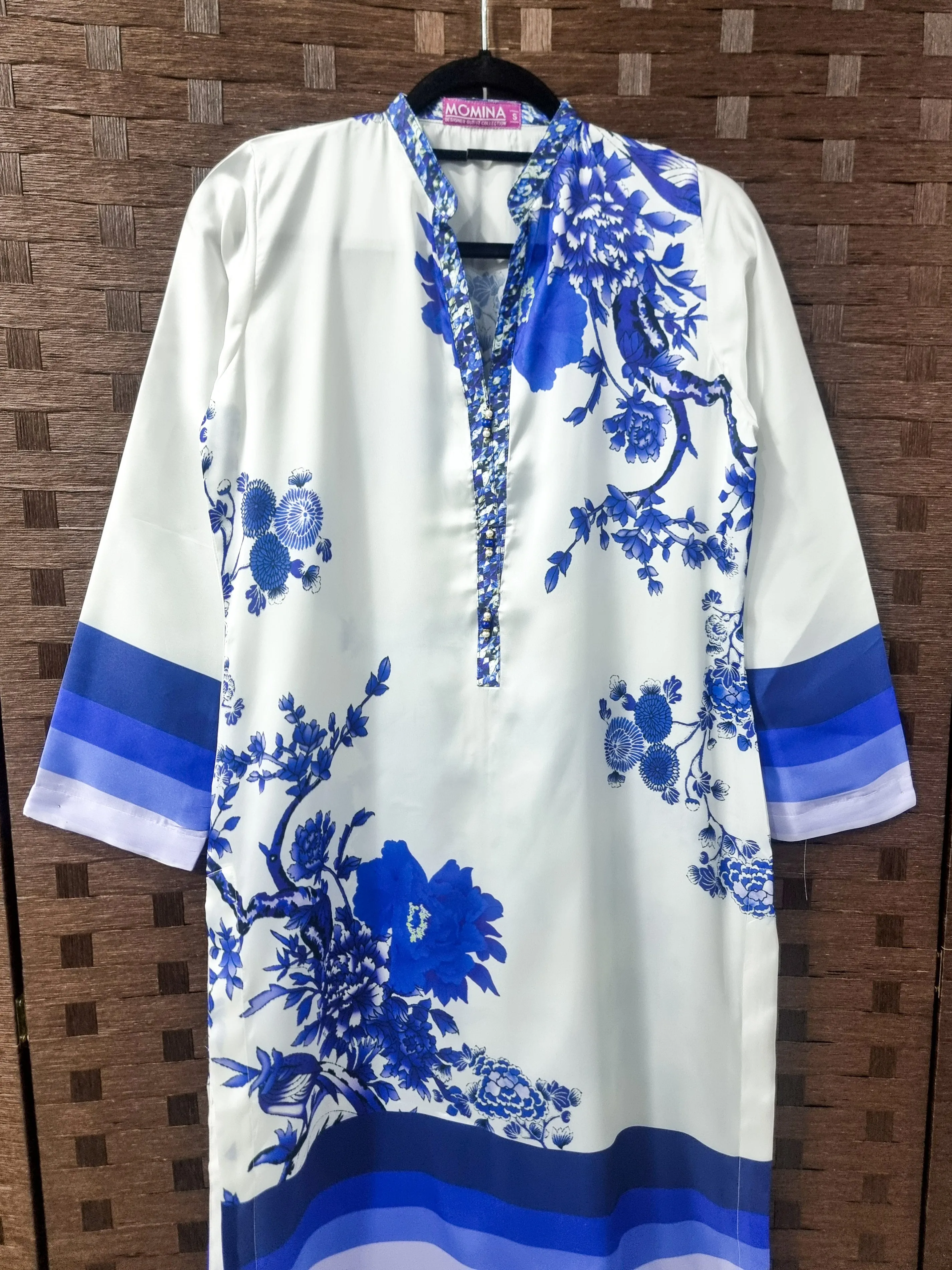 Printed Silk Kurta Shirt - White & Blue