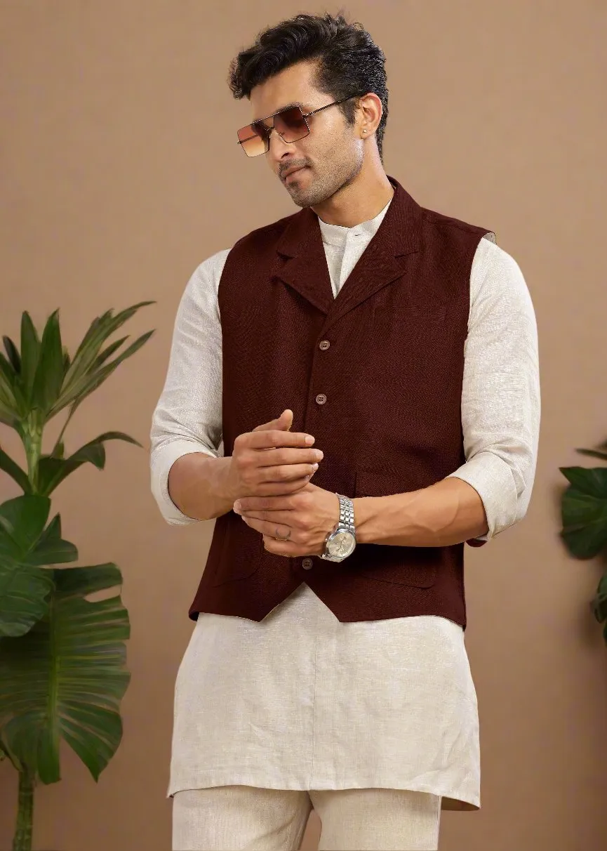 Pure Linen Waist Coat | Maroon