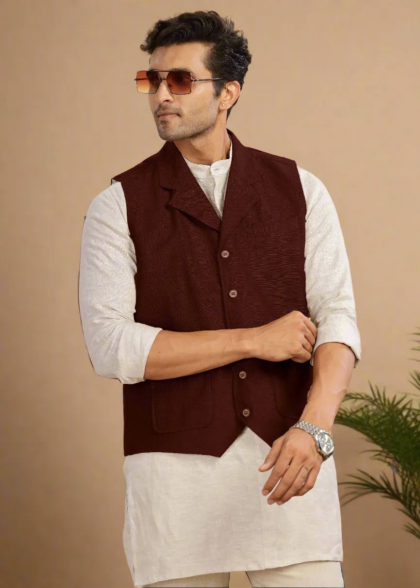 Pure Linen Waist Coat | Maroon