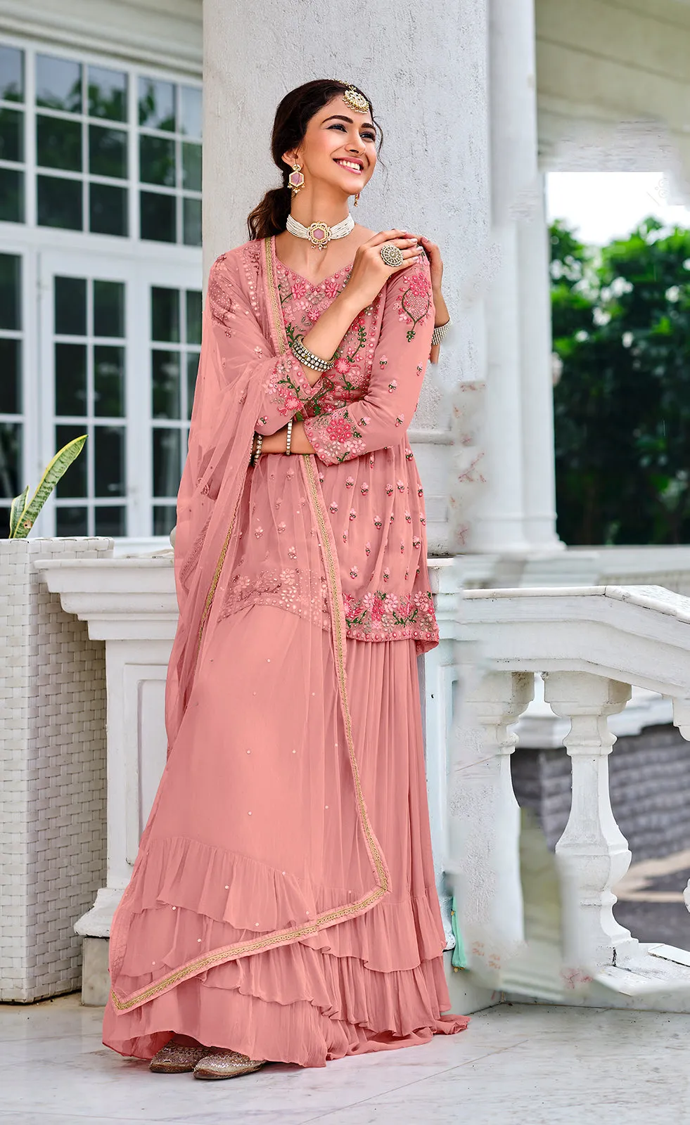 Readymade Mauve Pink Embroidered Viscose Georgette Suit