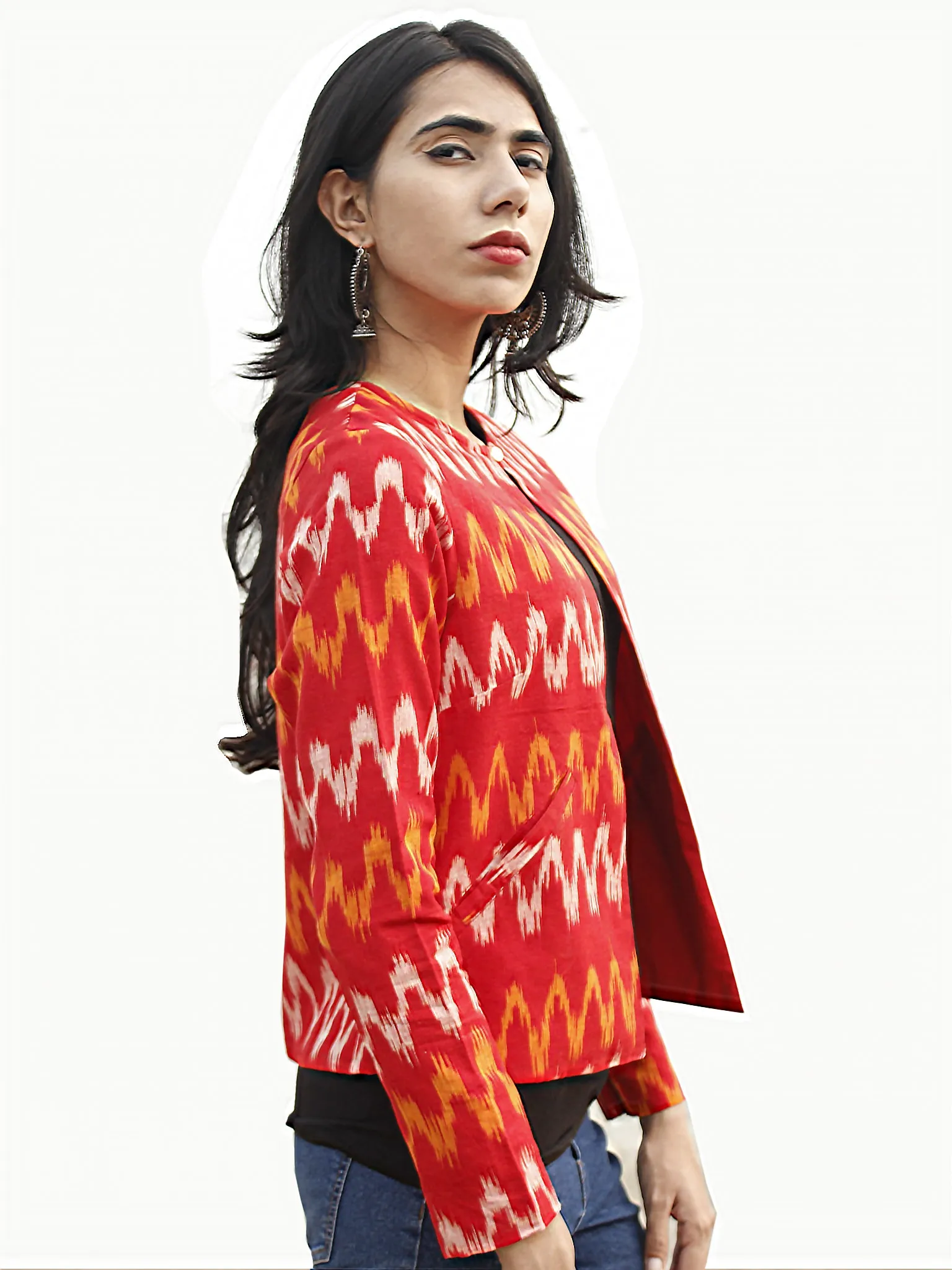 Red Yellow Ivory Hand Woven Ikat Crop Jacket With Front Pockets - J05F961