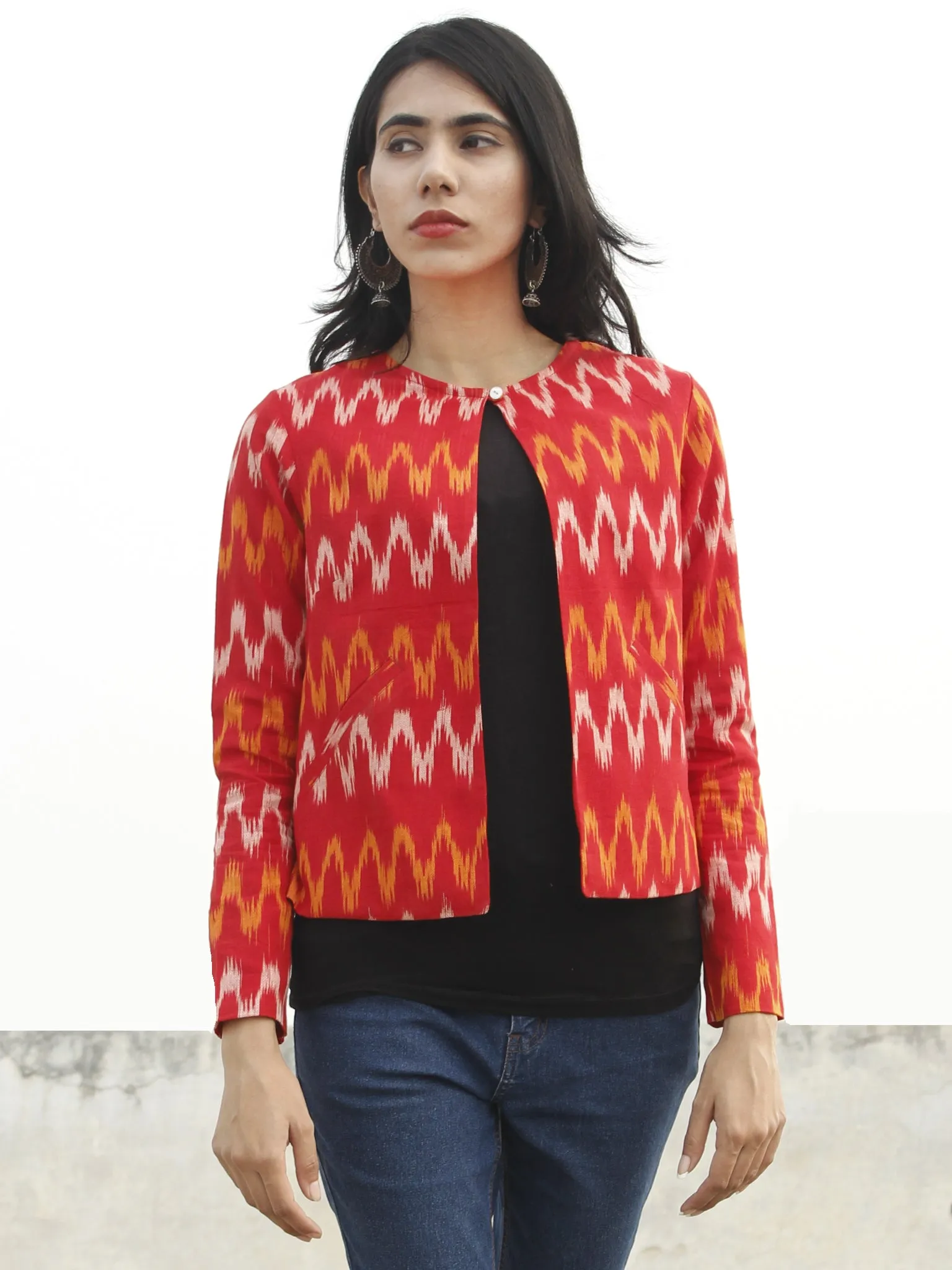 Red Yellow Ivory Hand Woven Ikat Crop Jacket With Front Pockets - J05F961