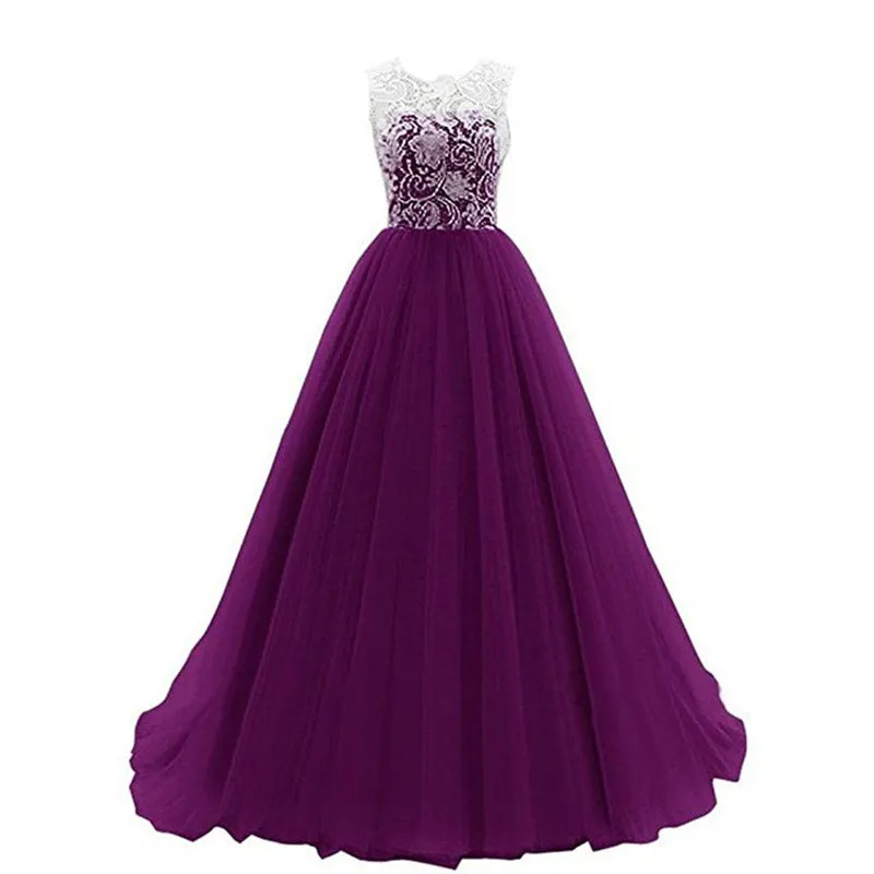 sd-hk Wedding Lace Bridesmaid Dress Round Neck Prom Gown Women