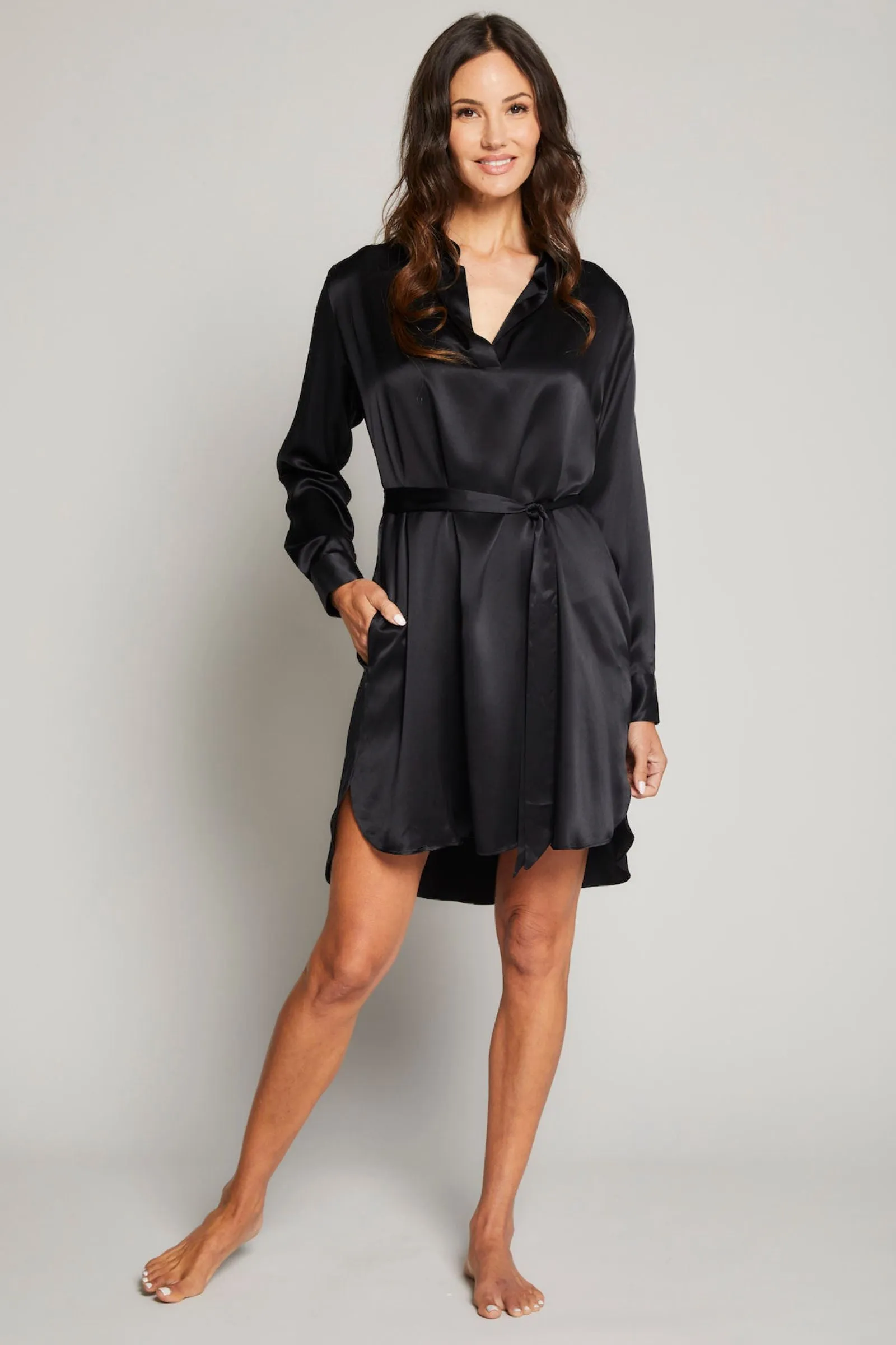 Silk Charmeuse Shirt Dress - Black