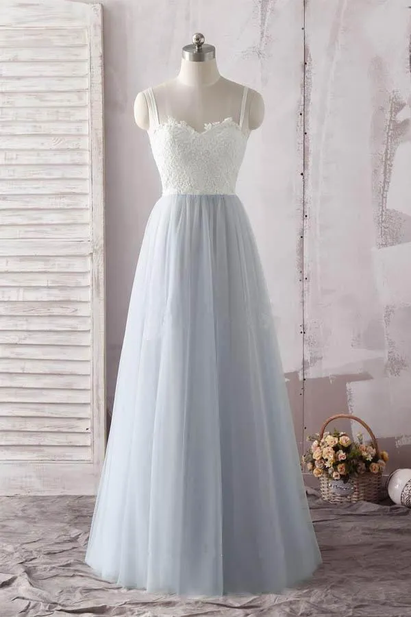 Simple A Line Spaghetti Straps Gray Sweetheart Ivory Lace Blue Tulle Prom Dresses WK608