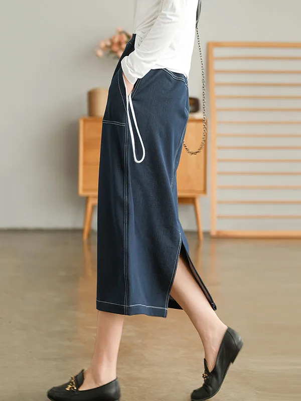 Simple Split-Joint Side Pocket A-Line Denim Skirt