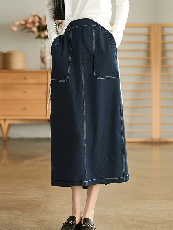 Simple Split-Joint Side Pocket A-Line Denim Skirt