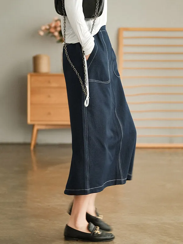 Simple Split-Joint Side Pocket A-Line Denim Skirt