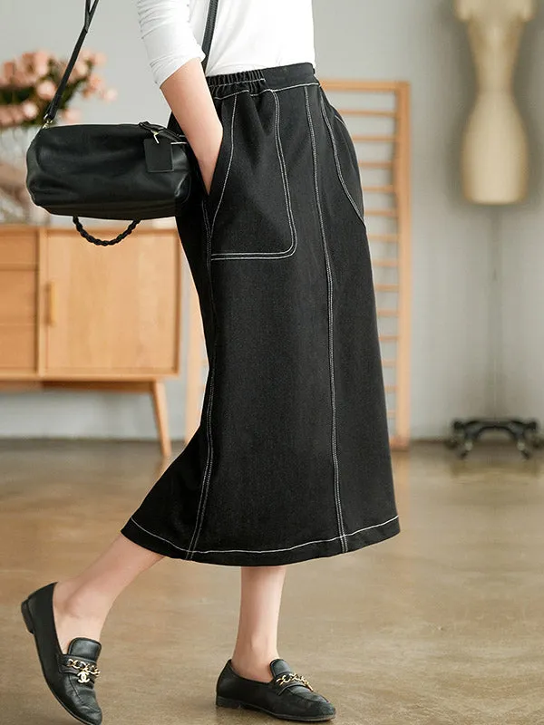 Simple Split-Joint Side Pocket A-Line Denim Skirt