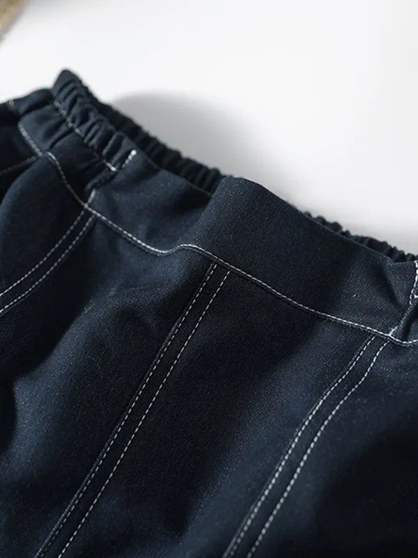 Simple Split-Joint Side Pocket A-Line Denim Skirt