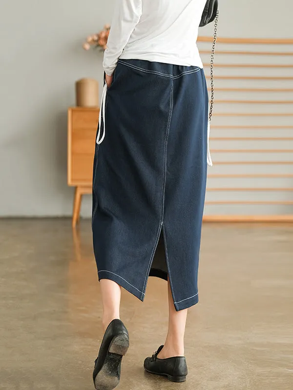 Simple Split-Joint Side Pocket A-Line Denim Skirt