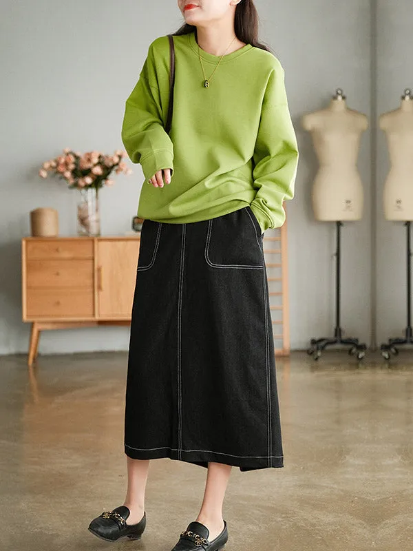 Simple Split-Joint Side Pocket A-Line Denim Skirt