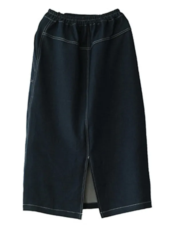 Simple Split-Joint Side Pocket A-Line Denim Skirt