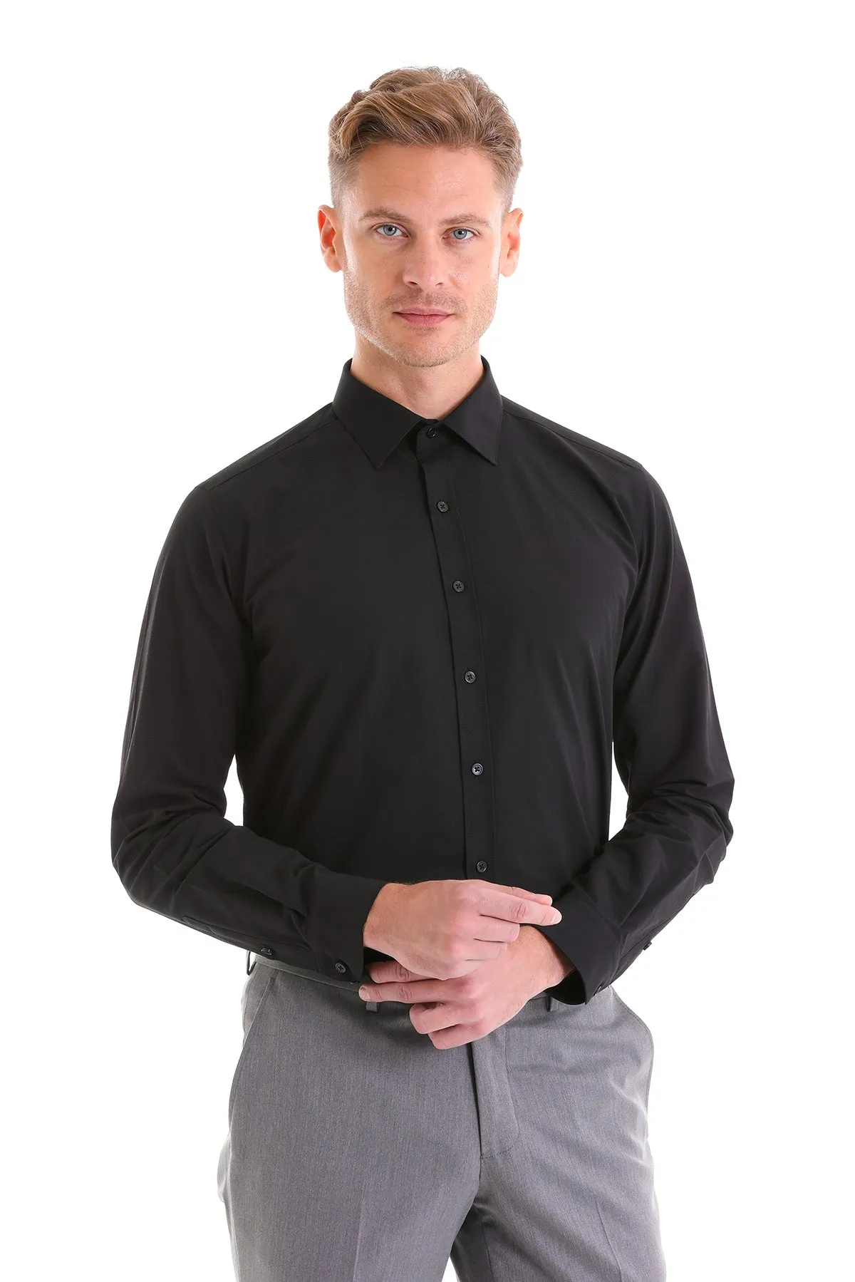 Slim Fit Black Cotton Blend Dress Shirt