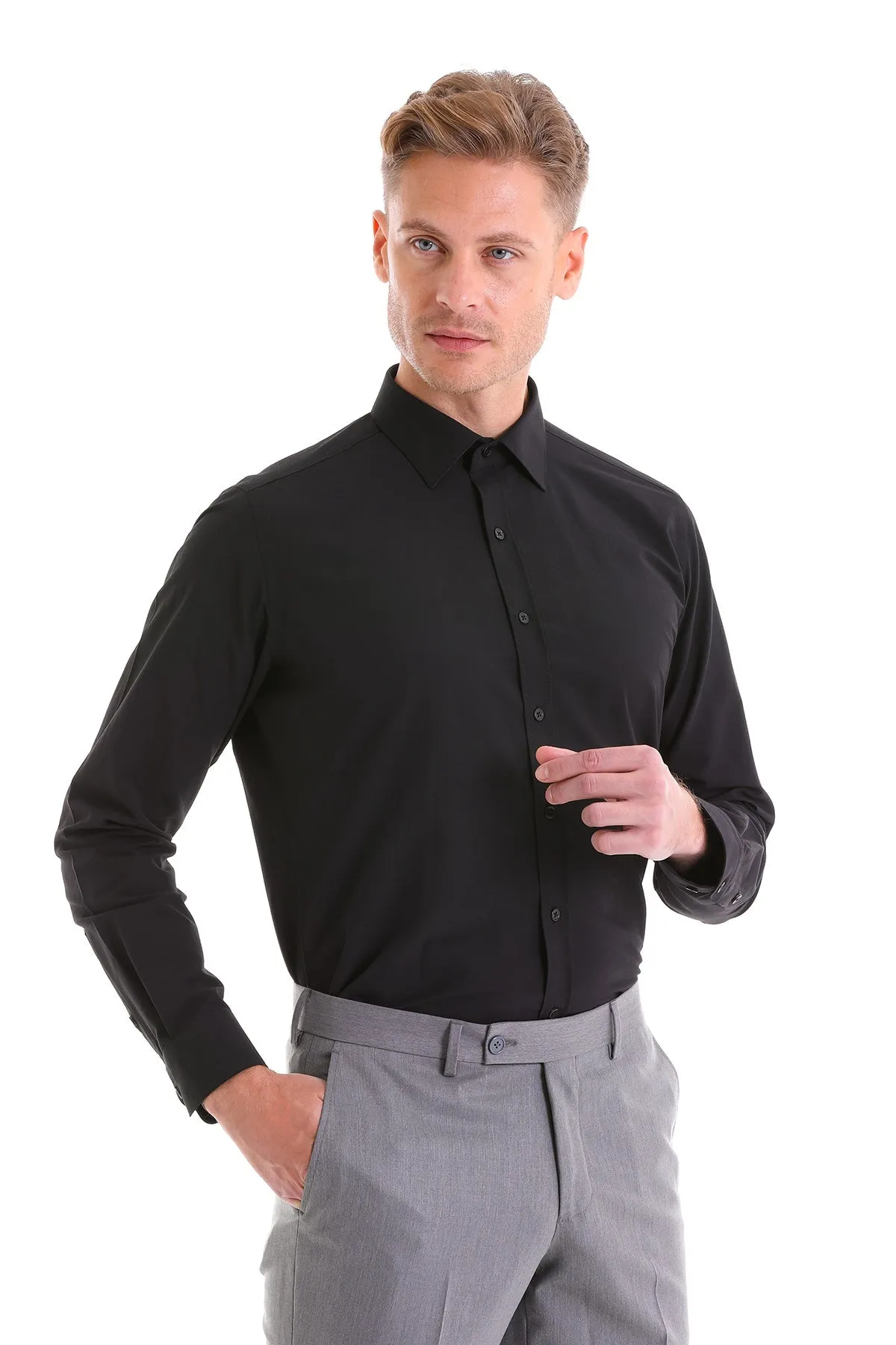 Slim Fit Black Cotton Blend Dress Shirt