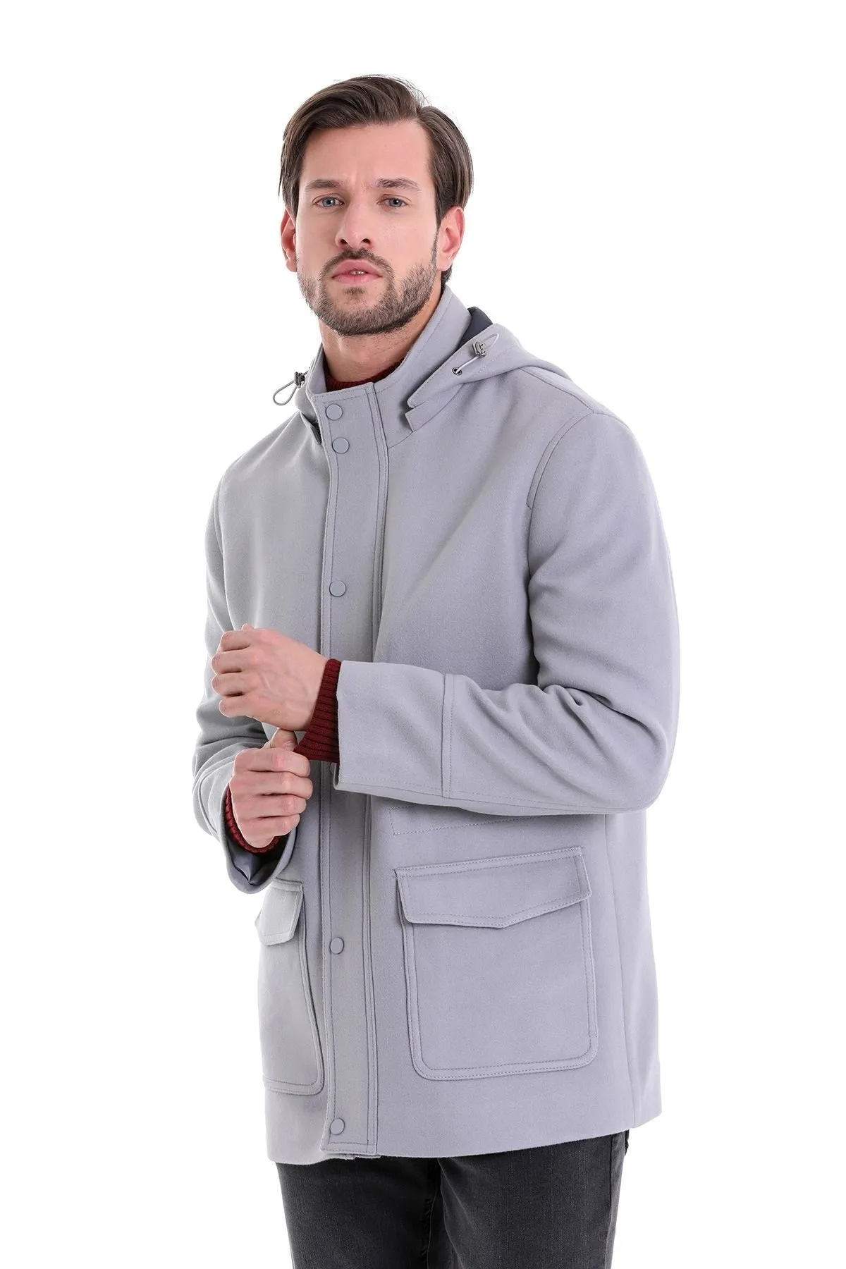 Slim Fit Cachet Stand Collar Gray Hooded Coat