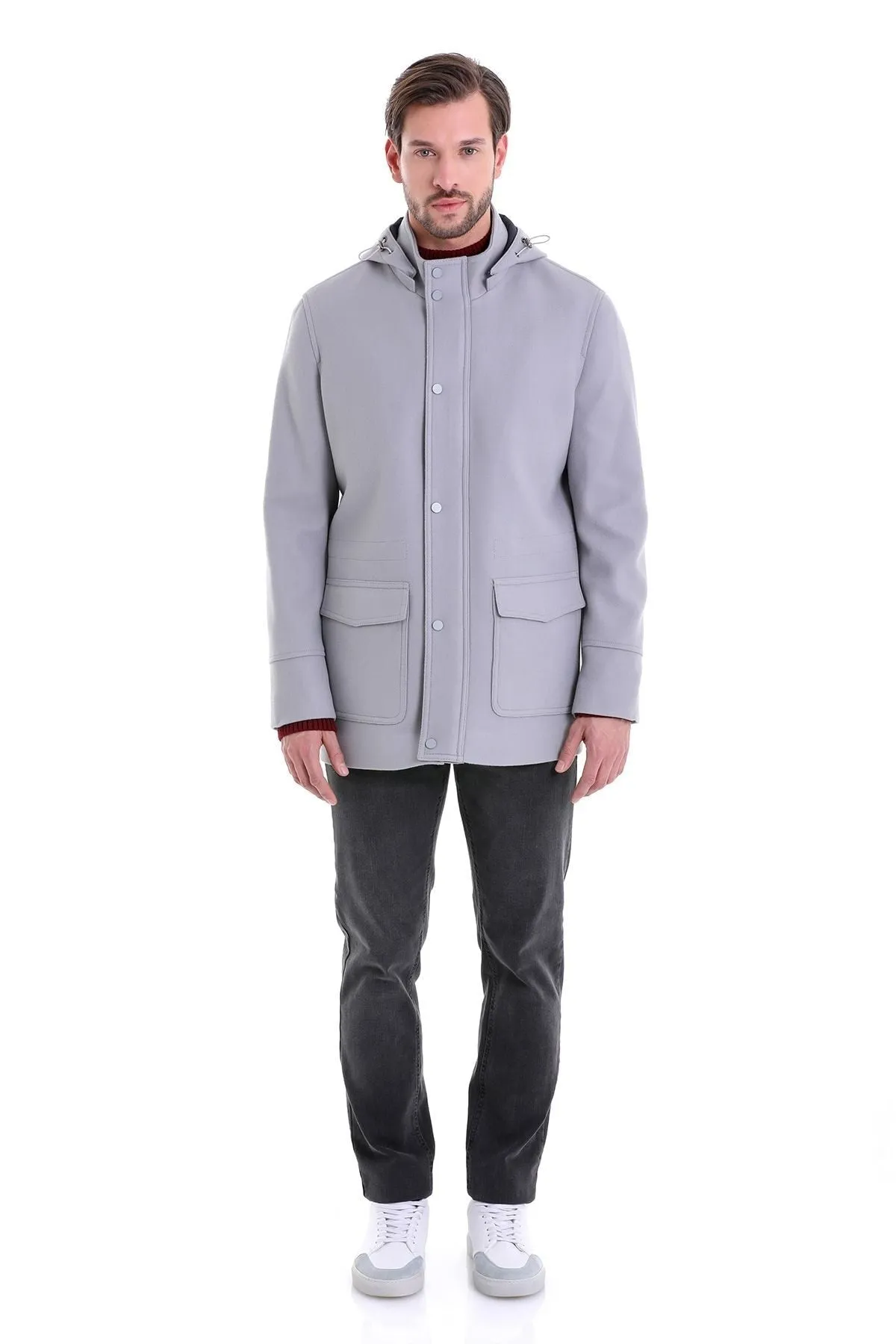 Slim Fit Cachet Stand Collar Gray Hooded Coat