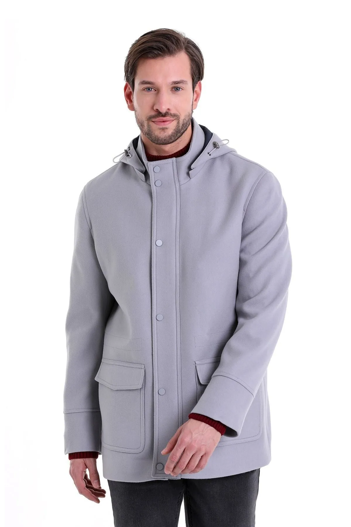 Slim Fit Cachet Stand Collar Gray Hooded Coat