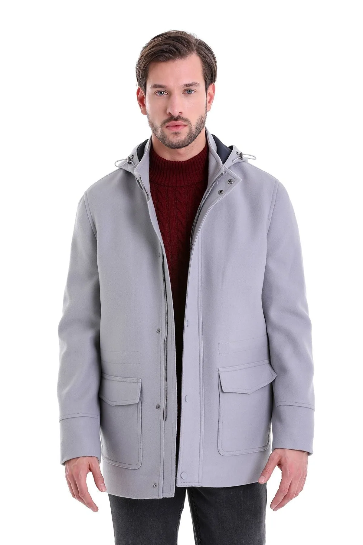 Slim Fit Cachet Stand Collar Gray Hooded Coat