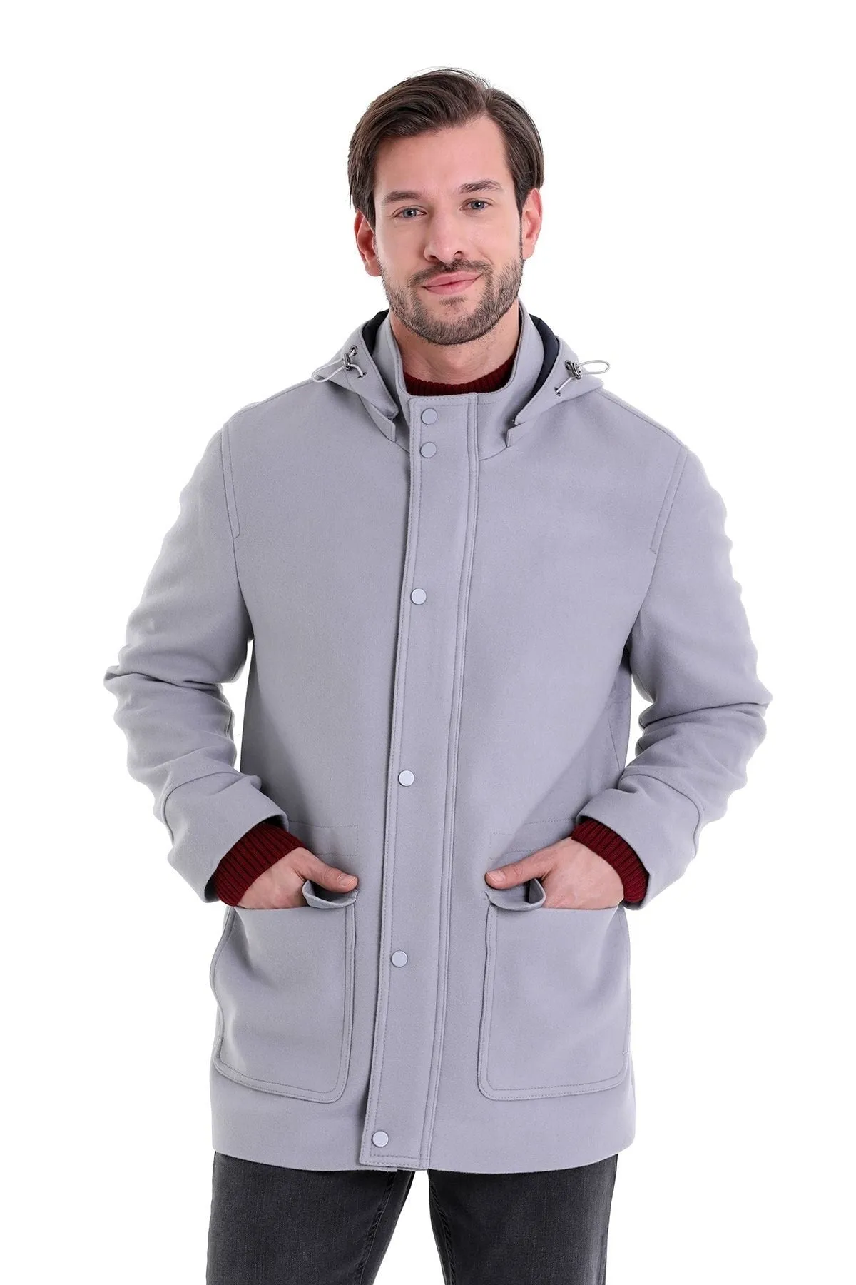 Slim Fit Cachet Stand Collar Gray Hooded Coat