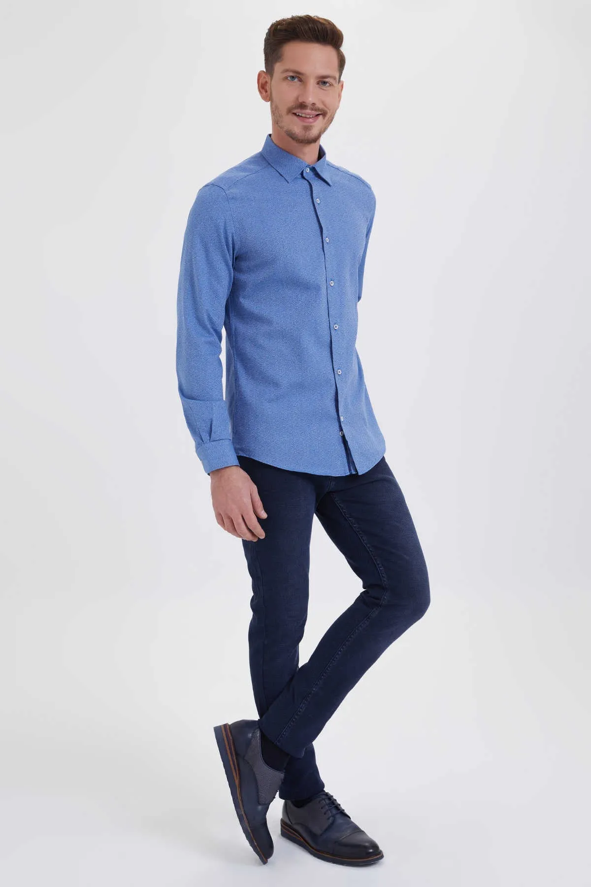 Slim Fit Long Sleeve Cotton Light Navy Dress Shirt