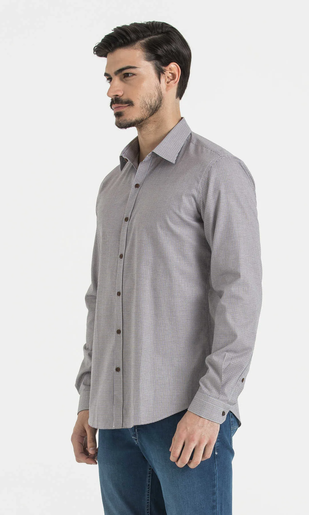 Slim Fit Long Sleeve Patterned Cotton Dress Shirt, Light Brown Houndstooth