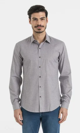 Slim Fit Long Sleeve Patterned Cotton Dress Shirt, Light Brown Houndstooth