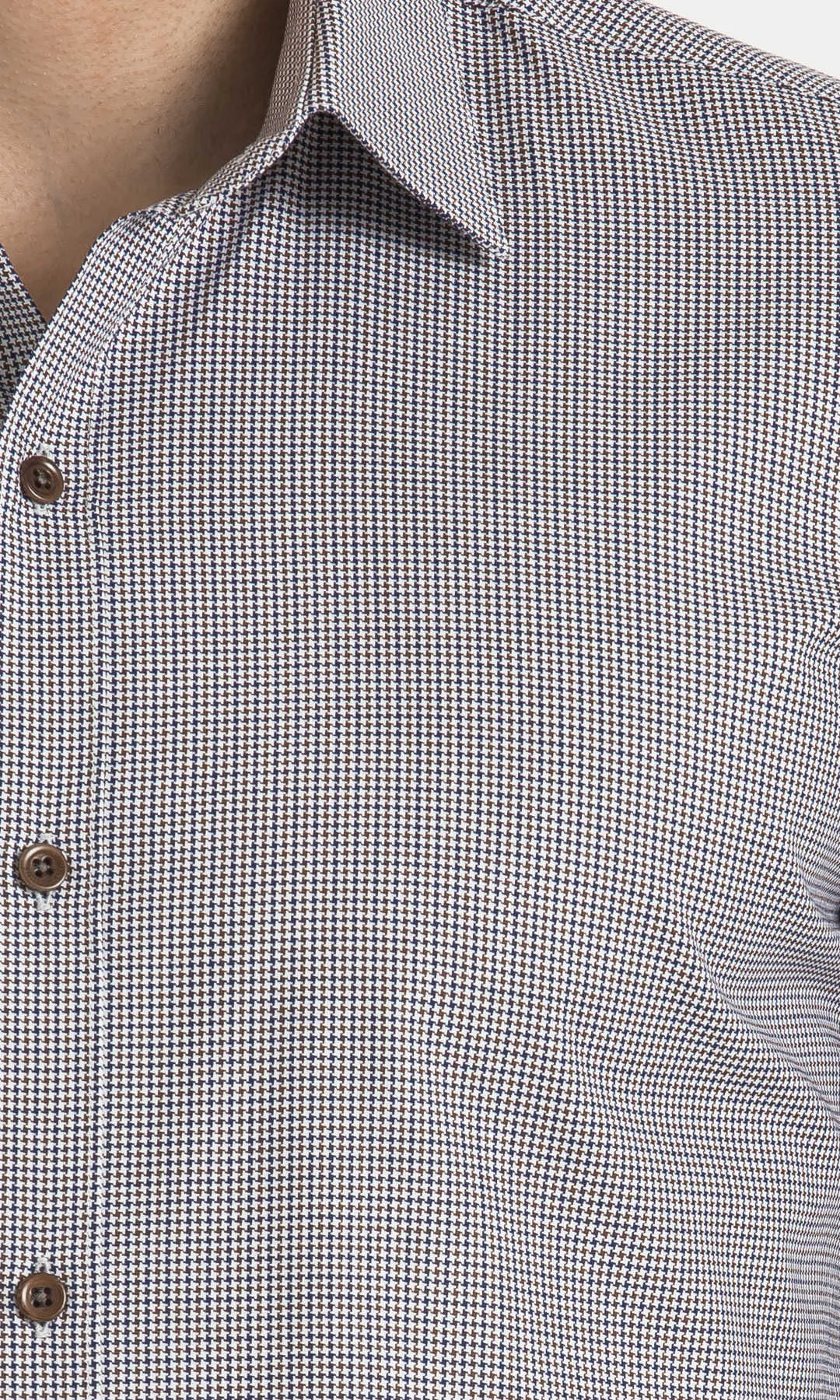 Slim Fit Long Sleeve Patterned Cotton Dress Shirt, Light Brown Houndstooth